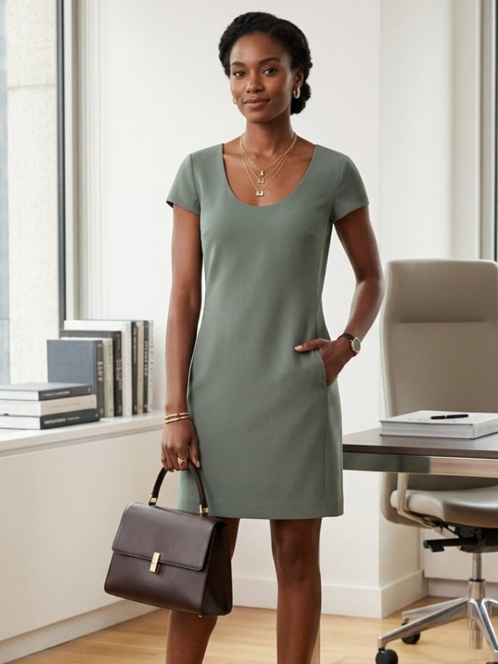 Theory Olive Green Jamelaya Winslow Crepe Short Sleeve Sheath Dress 3828